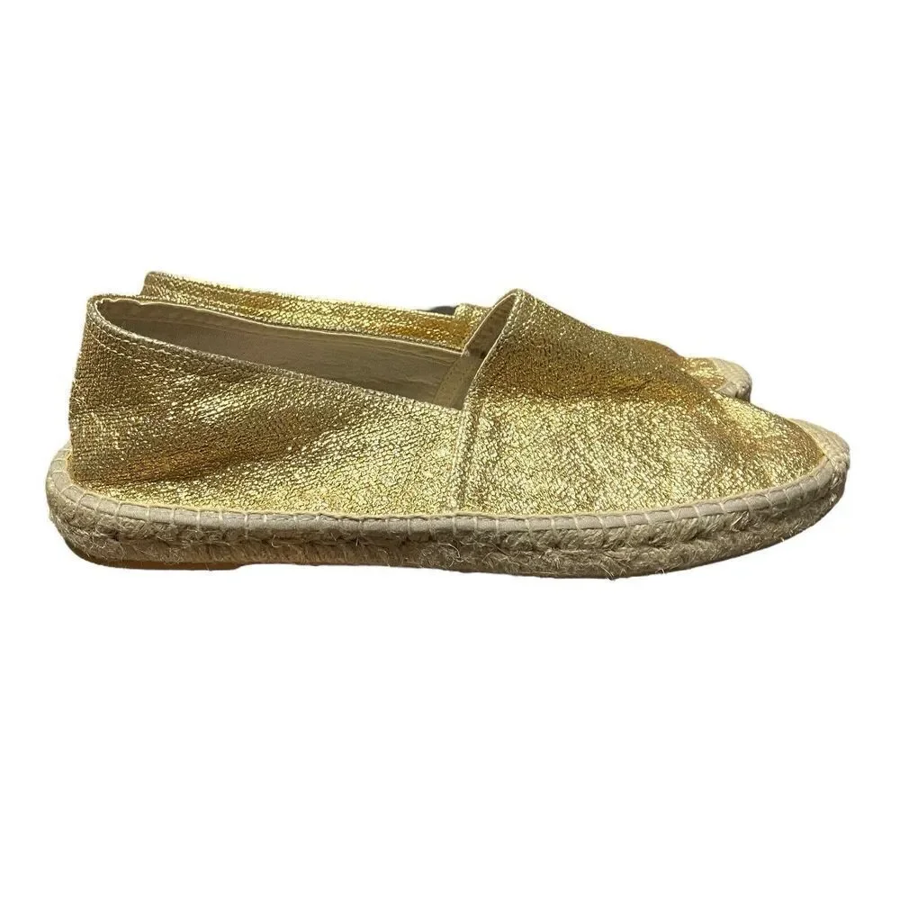 J Crew‎ Shoes 11 Gold Flats Made-in-Spain Espadrille Metallic Canvas Jute BT389